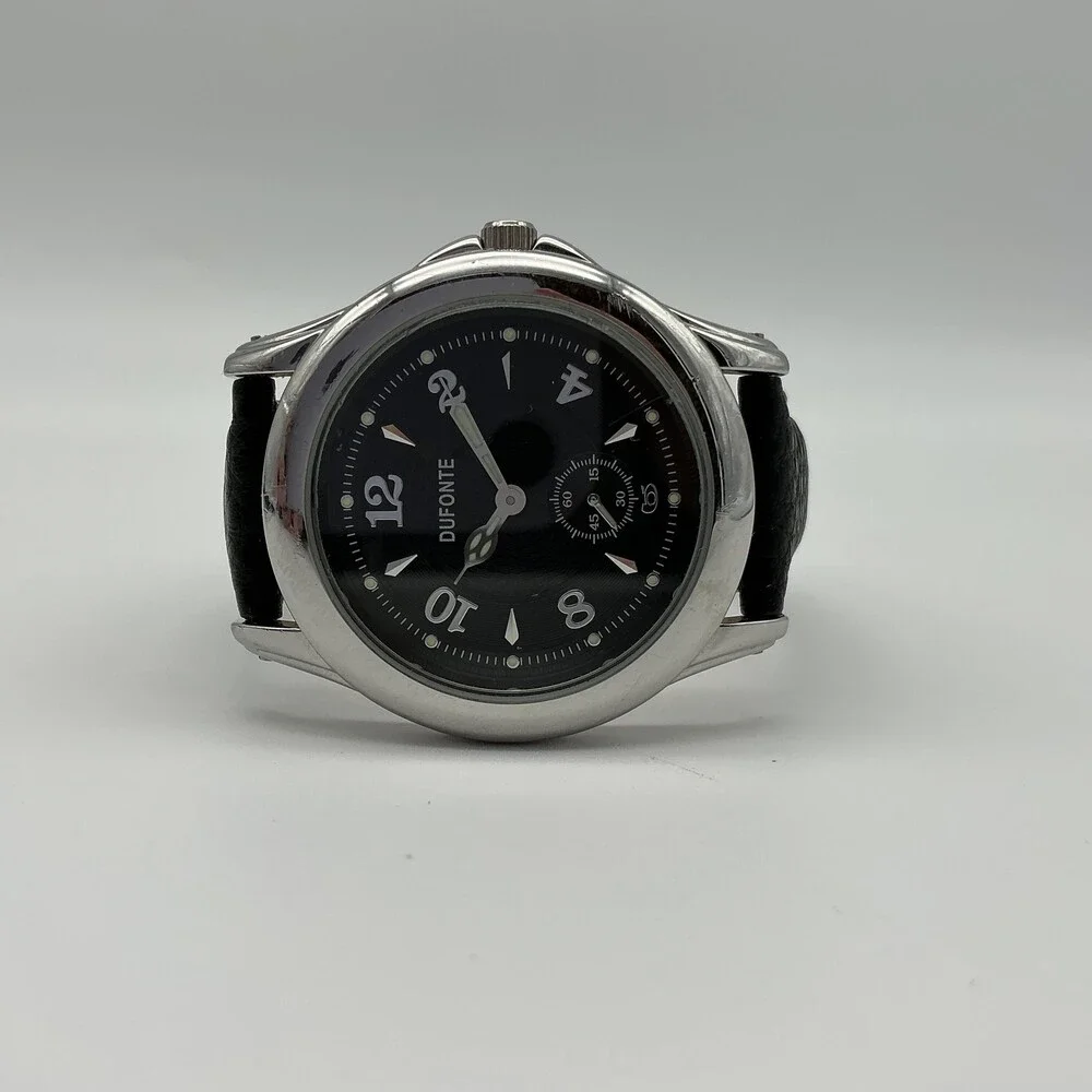 Dufonte 83028BK Mens Watch 39mm Black Dial Silver Tone Leather New Battery